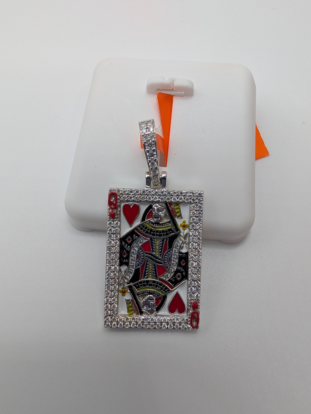 NWT 925 Sterling Silver Moissanite Queen of Hearts Playing Card Pendant 2 CTW